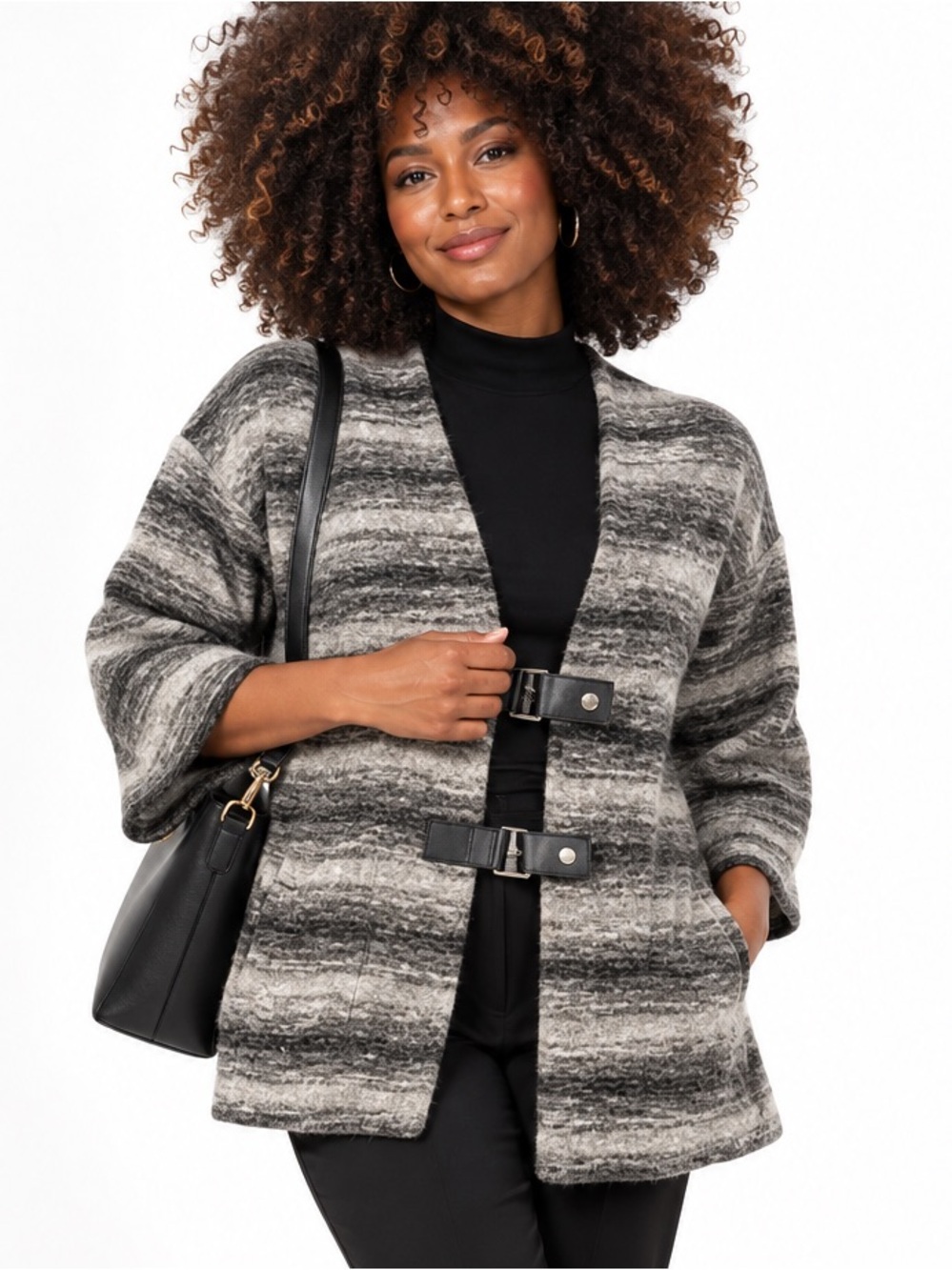MICHAEL MICHAEL KORS Striped Toggle Coatigan Cardigan Gray Black Women’s Size L